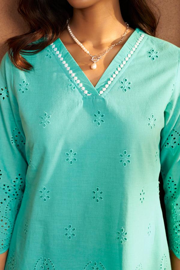 Sky Blue Schiffli Co-Ord Set