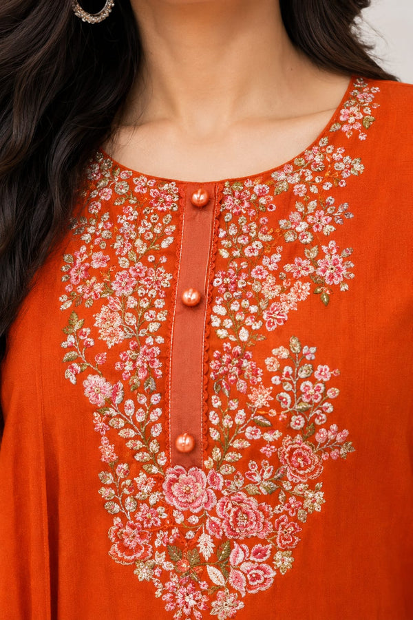Rust Embroidered Kurta Set