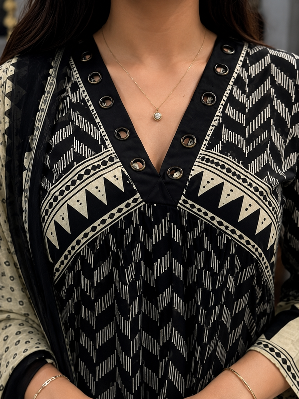 Geometric Black & Ivory Kurta Set