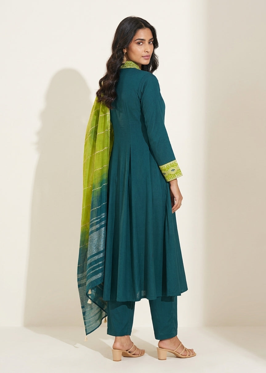 Deep Green Silk Flared Kurta Set - NIHARA (View 4)