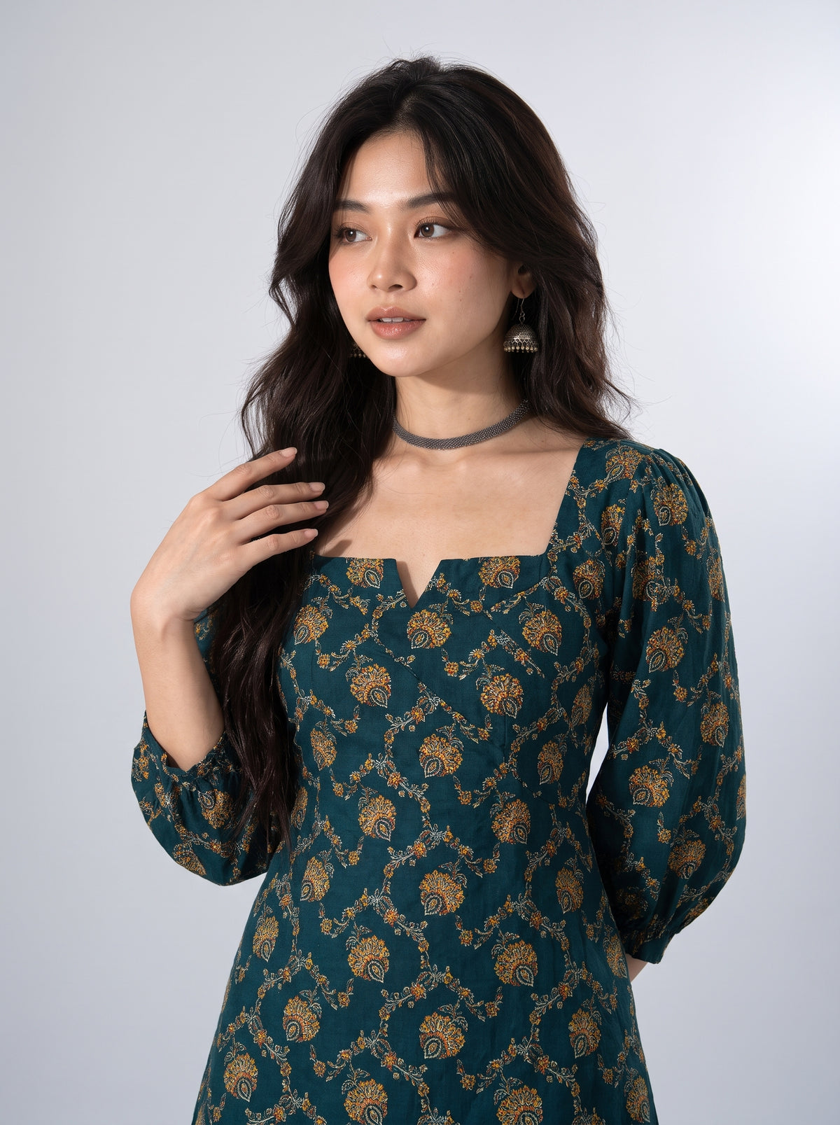 Heer In Vanya Teal Green Floral Cotton Short Kurti - NIHARA (Detail View)