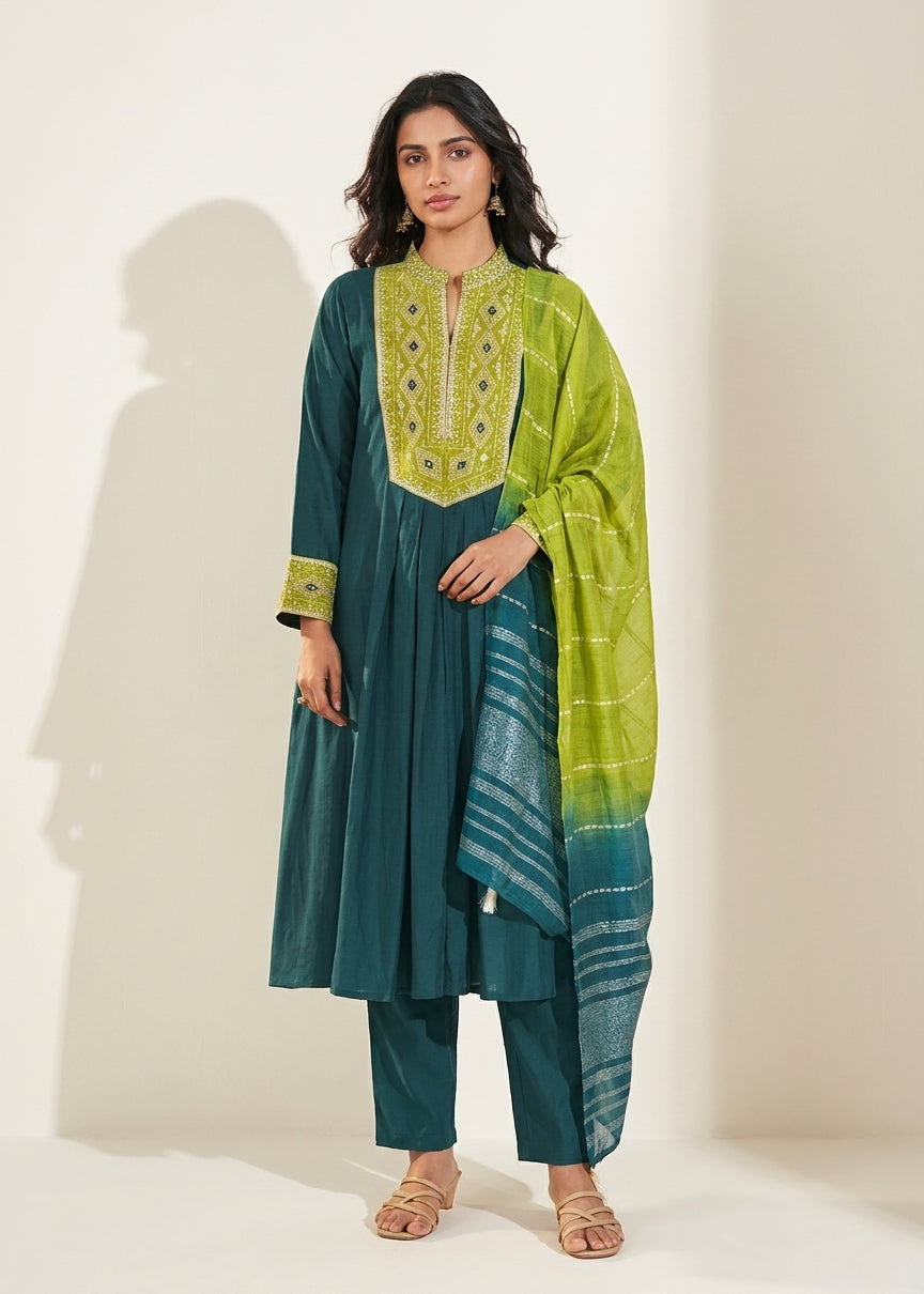 Deep Green Silk Flared Kurta Set - NIHARA (View 3)