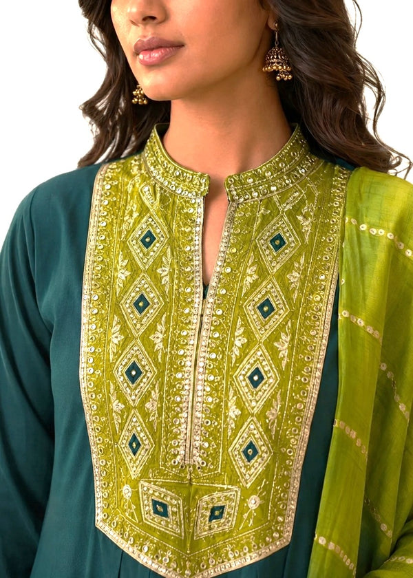 Deep Green Silk Flared Kurta Set