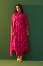 NIHARA Pink Chinnon Printed Flared Calf Length Kurta with Cotton Printed Dupatta