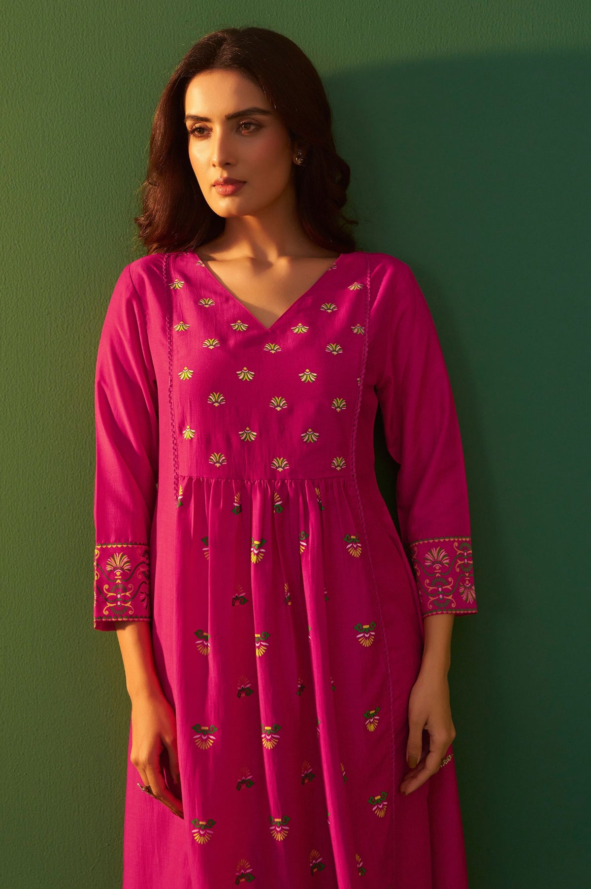 NIHARA Pink Chinnon Printed Flared Calf Length Kurta with Cotton Printed Dupatta