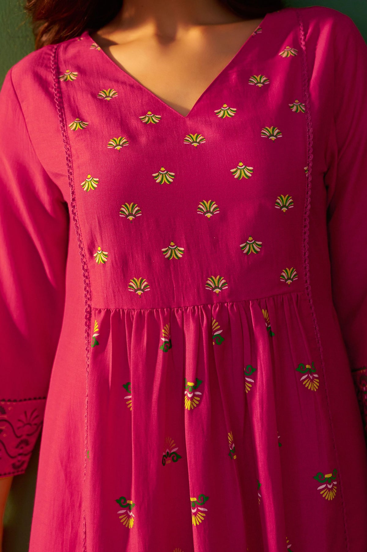 NIHARA Pink Chinnon Printed Flared Calf Length Kurta with Cotton Printed Dupatta