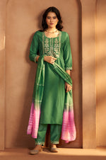 NIHARA |Green Cotton Blend Embroidered Kurta Pant With Chanderi Jacquard Dupatta