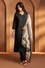 NIHARA Women Black Cotton Calf-Length Kurta with Pant & Cream Chanderi Printed Dupatta