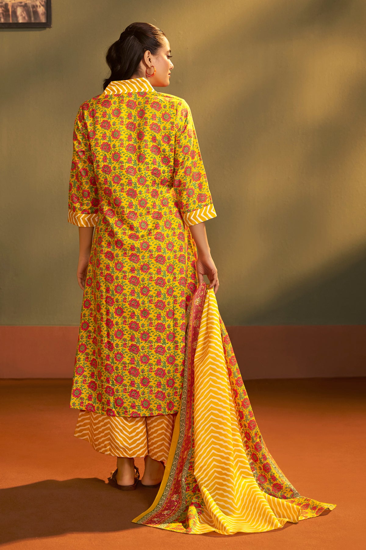 NIHARA Women’s Yellow Cotton Blend Printed Flared Kurta with Printed Pant & Chanderi Printed Dupatta