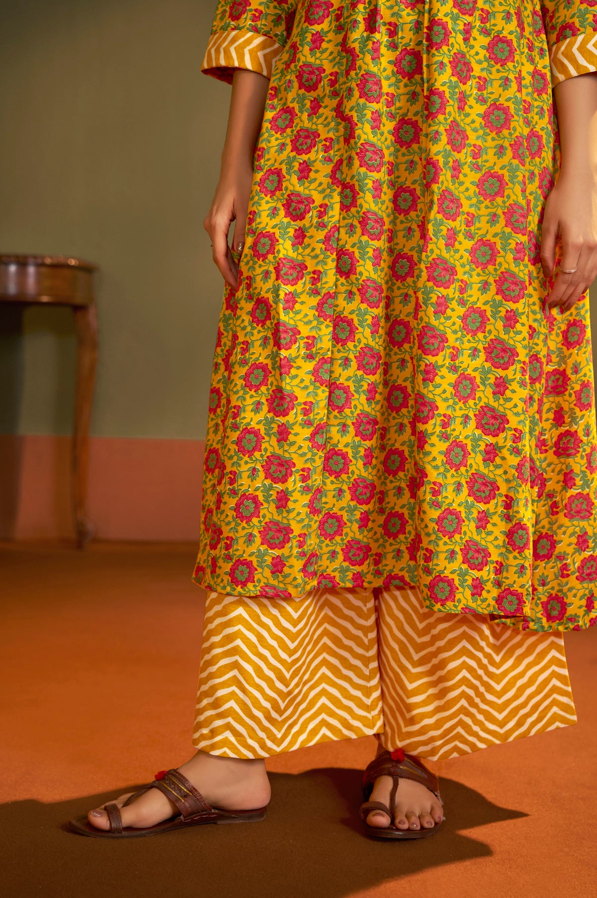 NIHARA Women’s Yellow Cotton Blend Printed Flared Kurta with Printed Pant & Chanderi Printed Dupatta