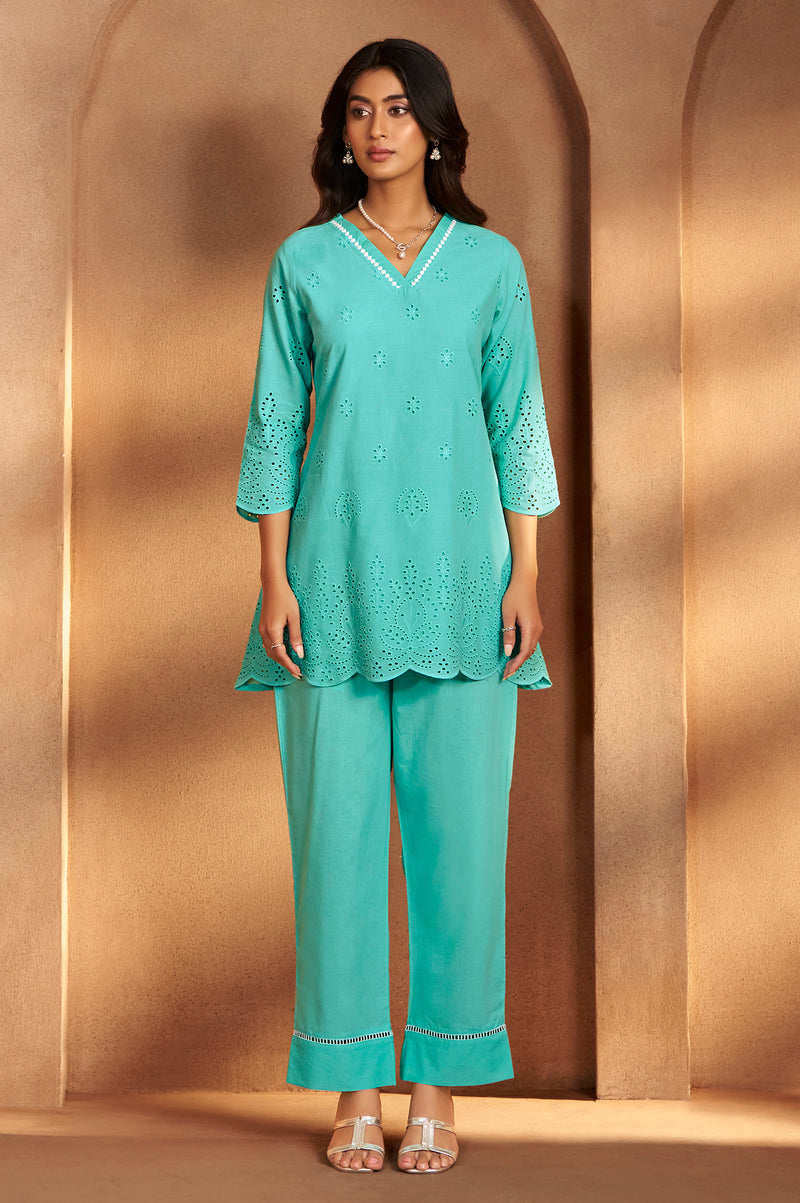 Sky Blue Schiffli Co-Ord Set