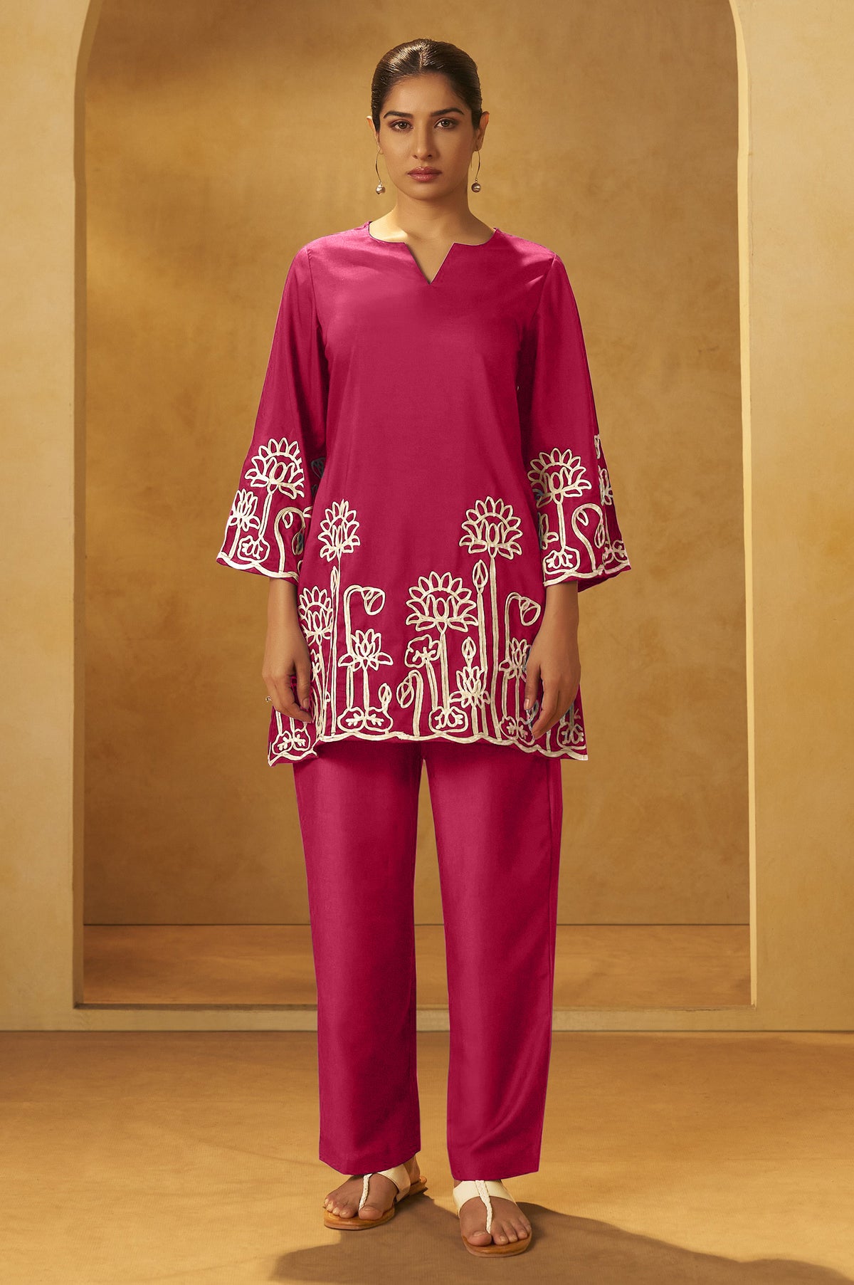 NIHARA Women Pink Embroidered Cotton Blend Straight Kurta Co-ord Set