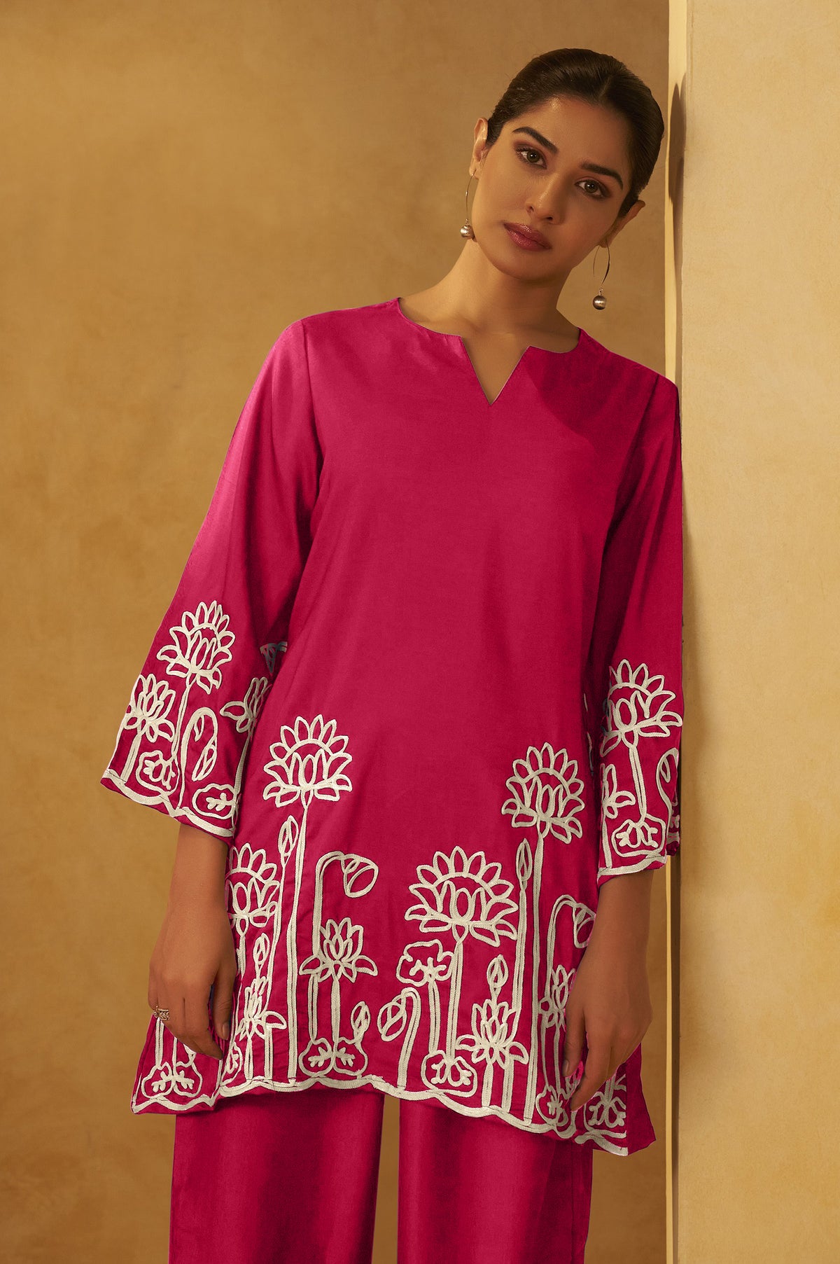 NIHARA Women Pink Embroidered Cotton Blend Straight Kurta Co-ord Set