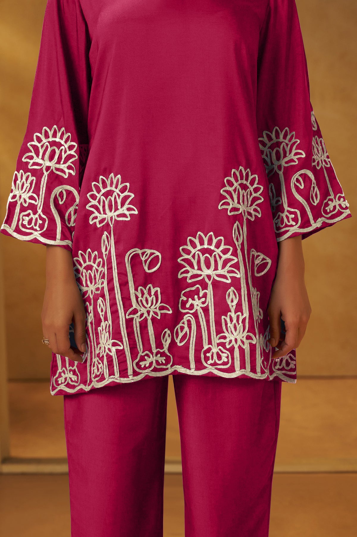 NIHARA Women Pink Embroidered Cotton Blend Straight Kurta Co-ord Set