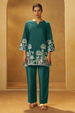 NIHARA Women Dark Green Embroidered Cotton Blend Straight Kurta Co-ord Set