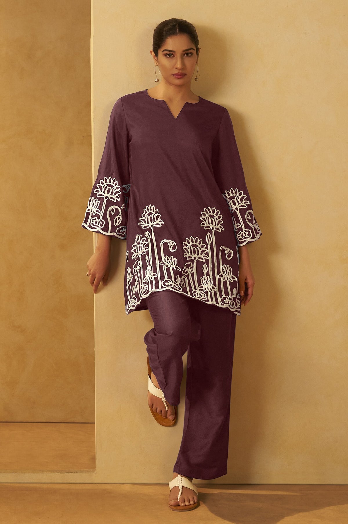 NIHARA Women Coffee Embroidered Cotton Blend Straight Kurta Co-ord Set