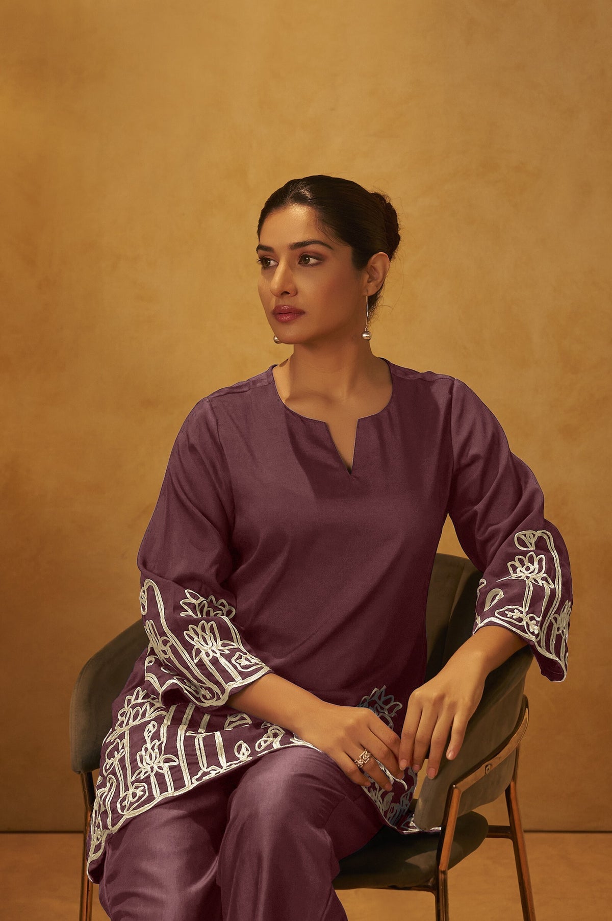 NIHARA Women Coffee Embroidered Cotton Blend Straight Kurta Co-ord Set