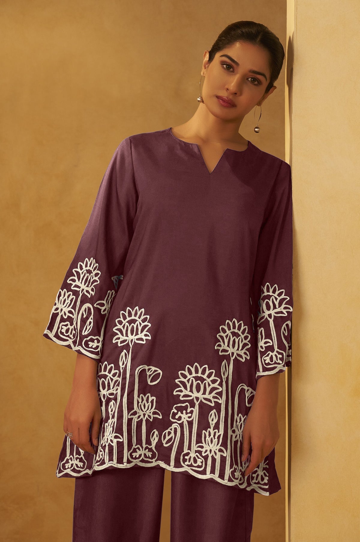 NIHARA Women Coffee Embroidered Cotton Blend Straight Kurta Co-ord Set