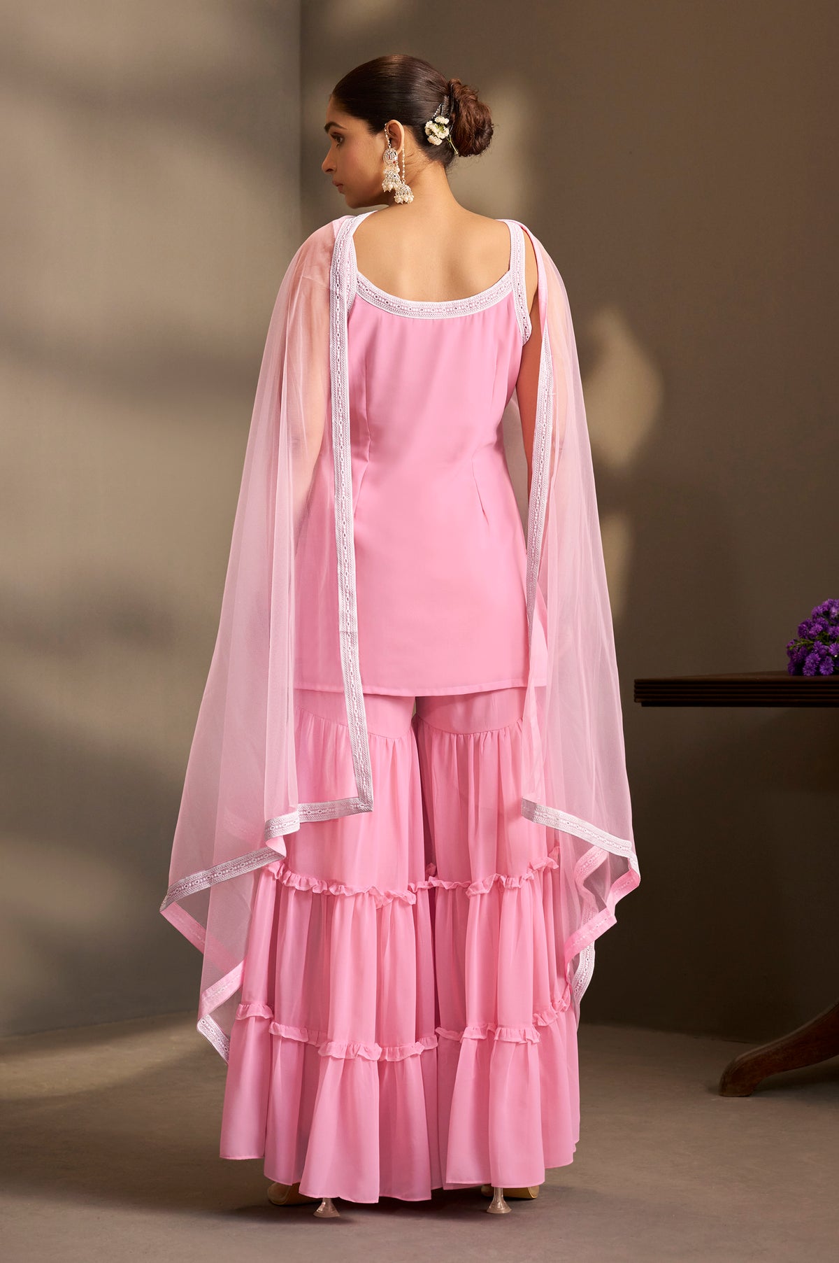 |NIHARA Women Pink Georgette Schiffli Embroidered Straight Kurta with Sharara & Net Dupatta