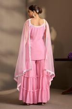 |NIHARA Women Pink Georgette Schiffli Embroidered Straight Kurta with Sharara & Net Dupatta
