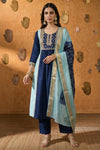 NIHARA Sky Blue & Navy Blue Chinnon Embroidered Anarkali Kurta Set with Pant & Printed Organza Dupatta