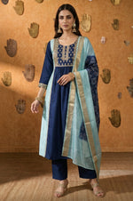 NIHARA Sky Blue & Navy Blue Chinnon Embroidered Anarkali Kurta Set with Pant & Printed Organza Dupatta