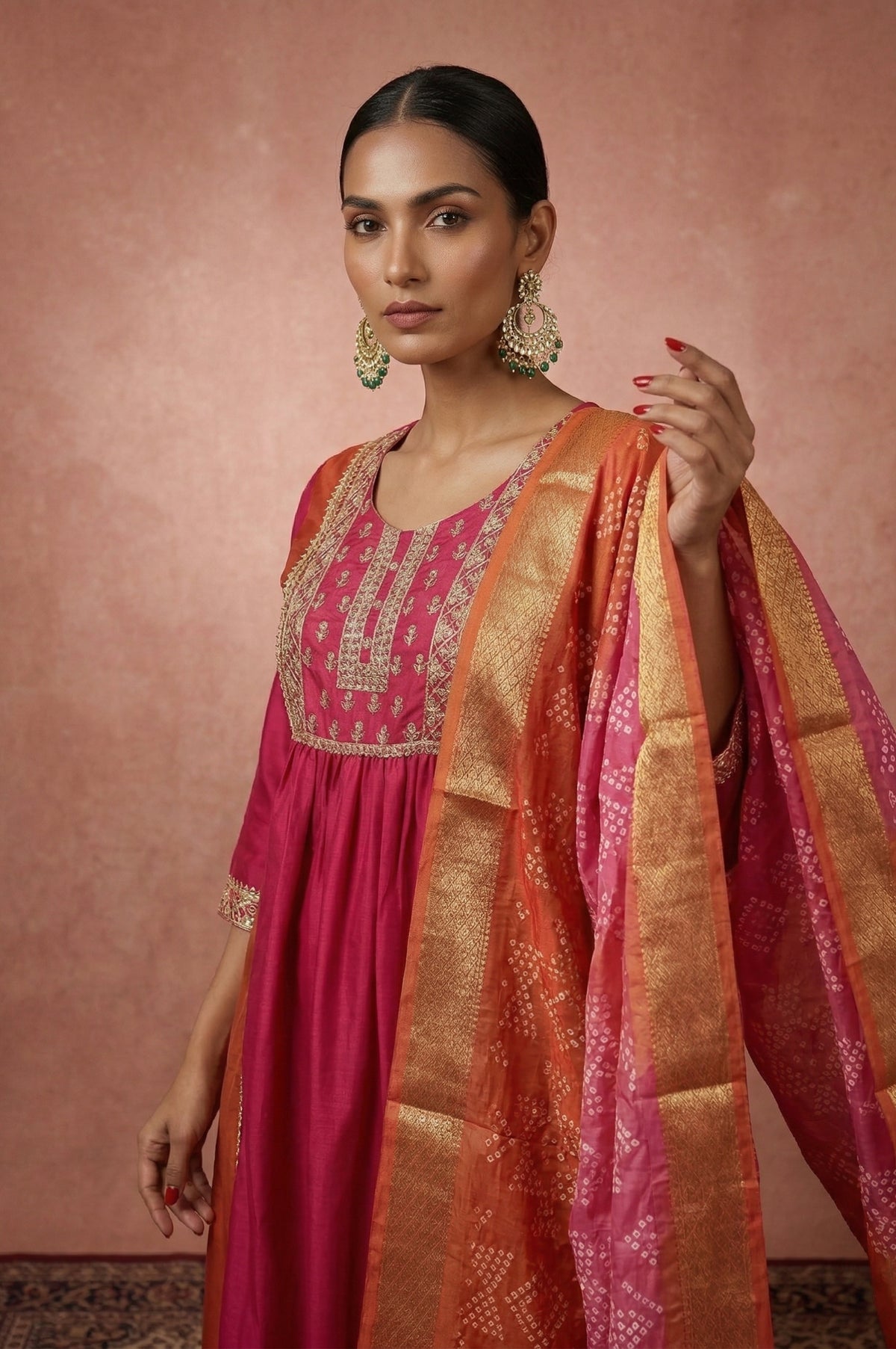 NIHARA |Pink & Orange Chinnon Embroidered Anarkali Kurta Set with Pant & Printed Organza Dupatta