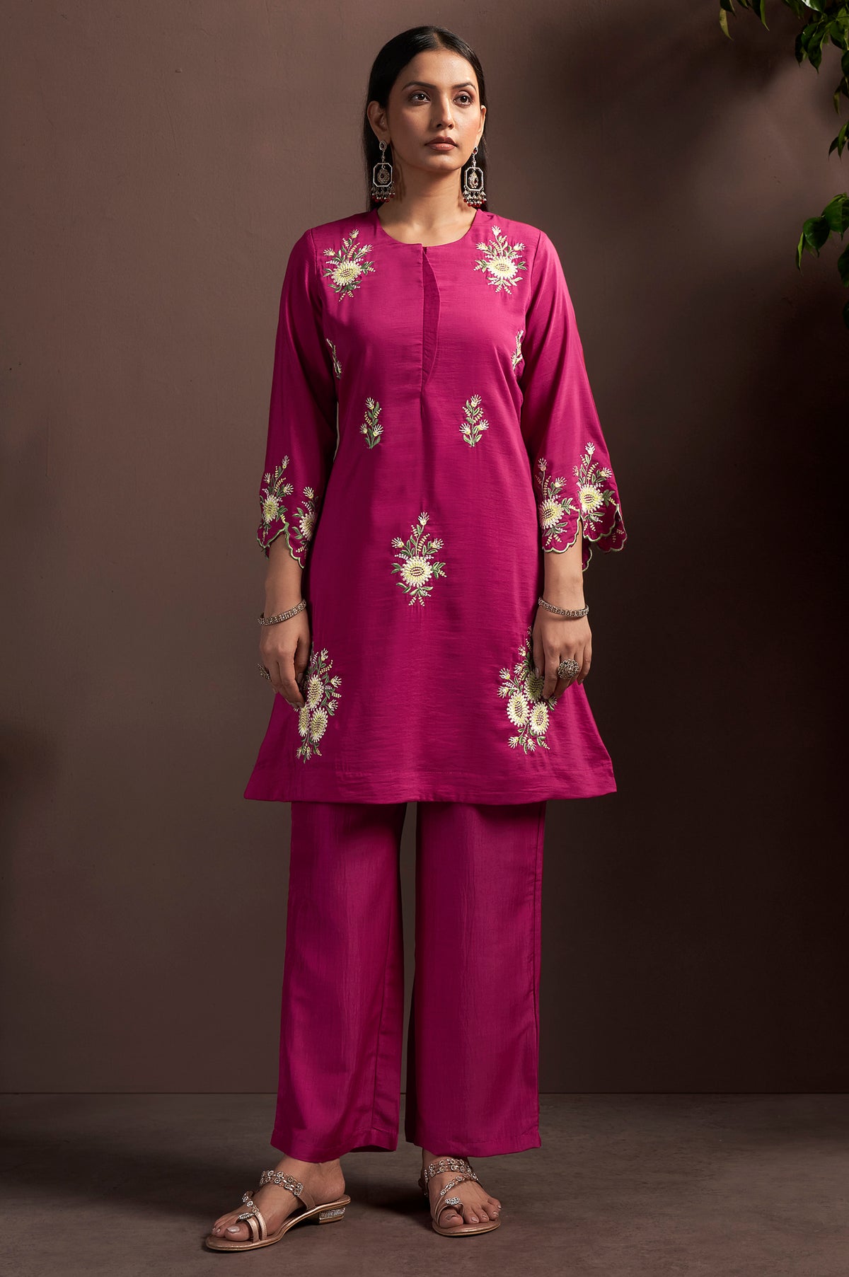 NIHARA |Women's Dark Pink Embroidered Roman Silk Co-Ord Set