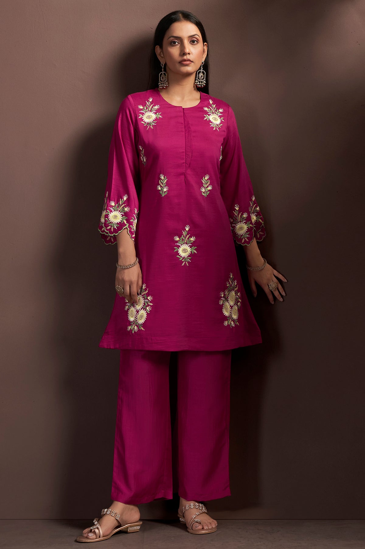 NIHARA |Women's Dark Pink Embroidered Roman Silk Co-Ord Set