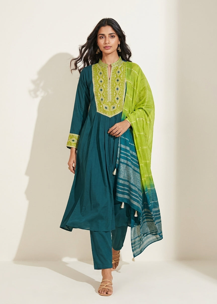 Deep Green Silk Flared Kurta Set - NIHARA (View 5)