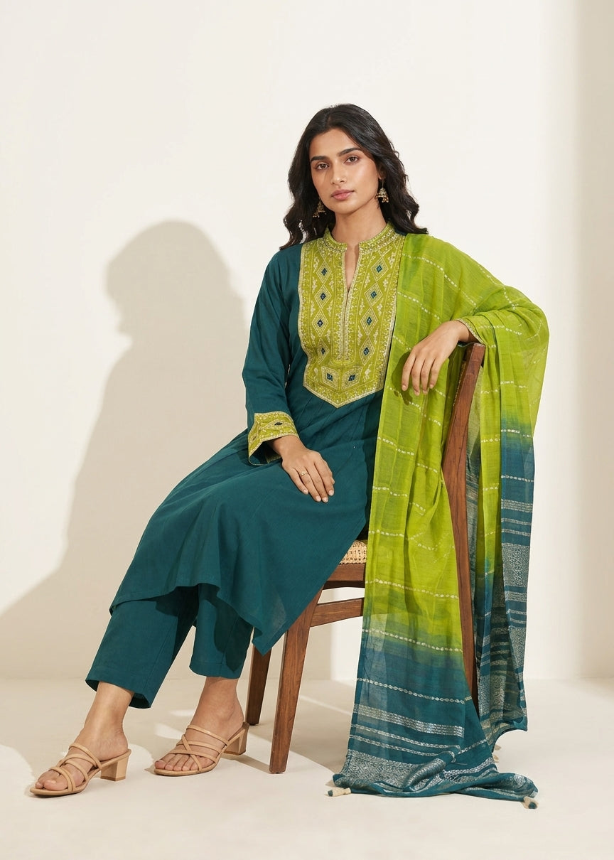 Deep Green Silk Flared Kurta Set - NIHARA (View 6)