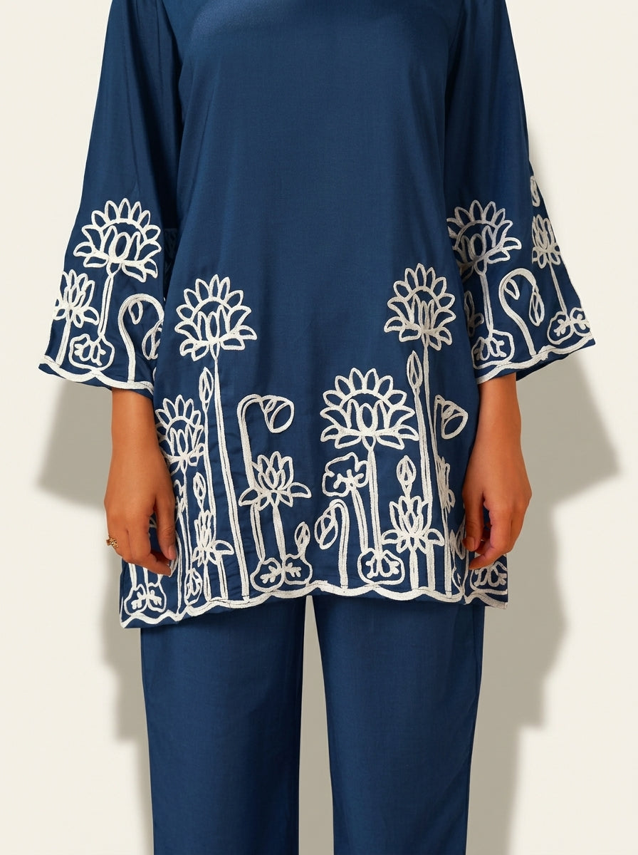 Navy Blue Embroidered Co-Ord Set - NIHARA (View 2)