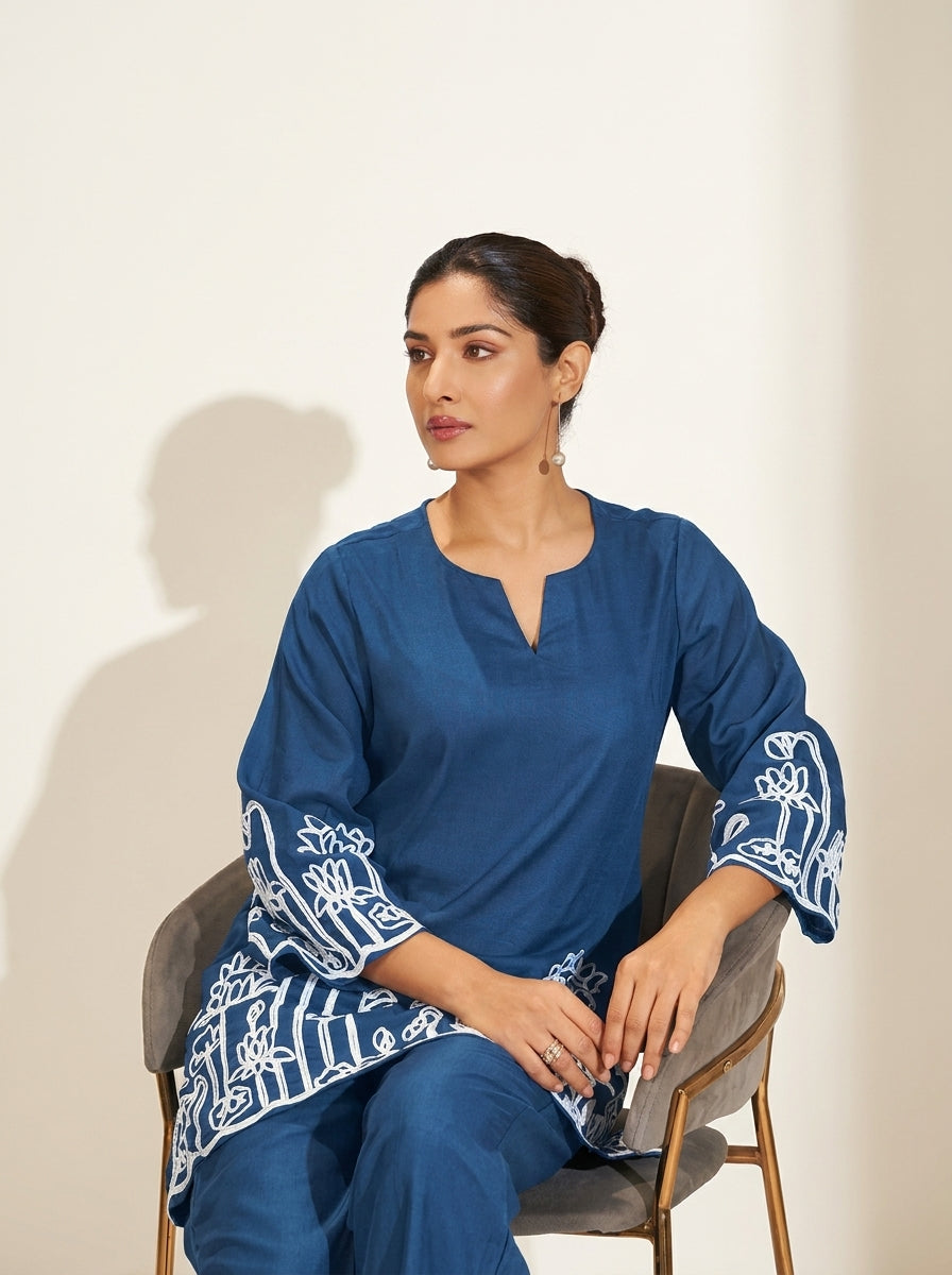 Navy Blue Embroidered Co-Ord Set - NIHARA (View 5)