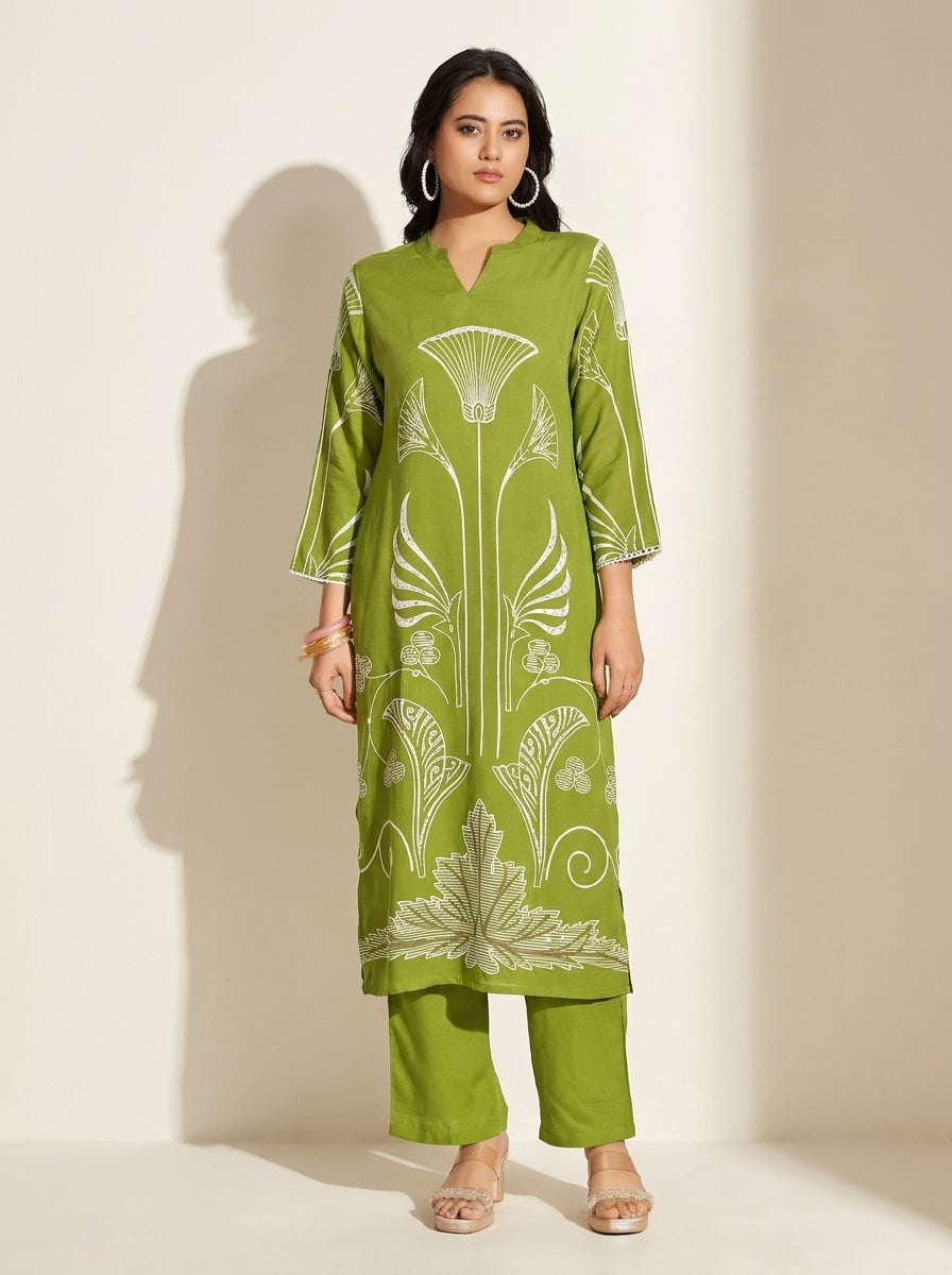 Olive Green Printed Co-Ord Set - NIHARA (View 4)
