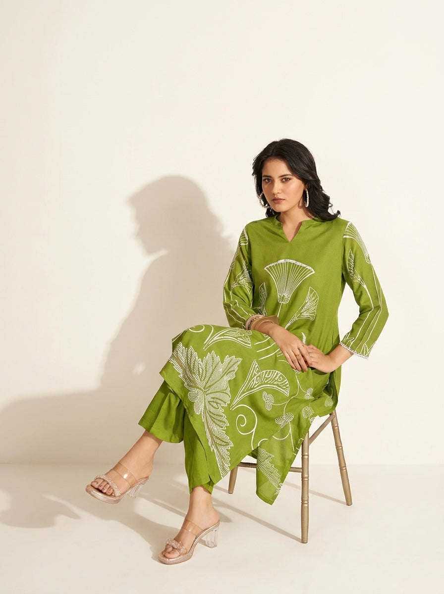 Olive Green Printed Co-Ord Set - NIHARA (View 6)