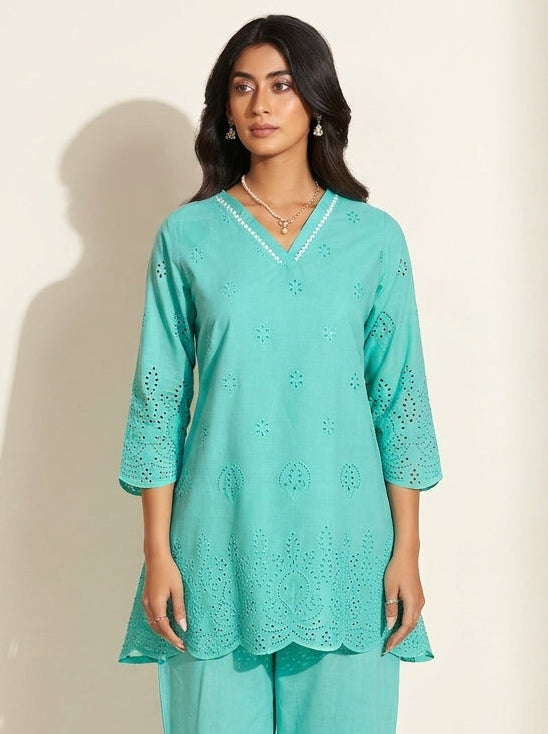 Sky Blue Schiffli Co-Ord Set - NIHARA (View 1)