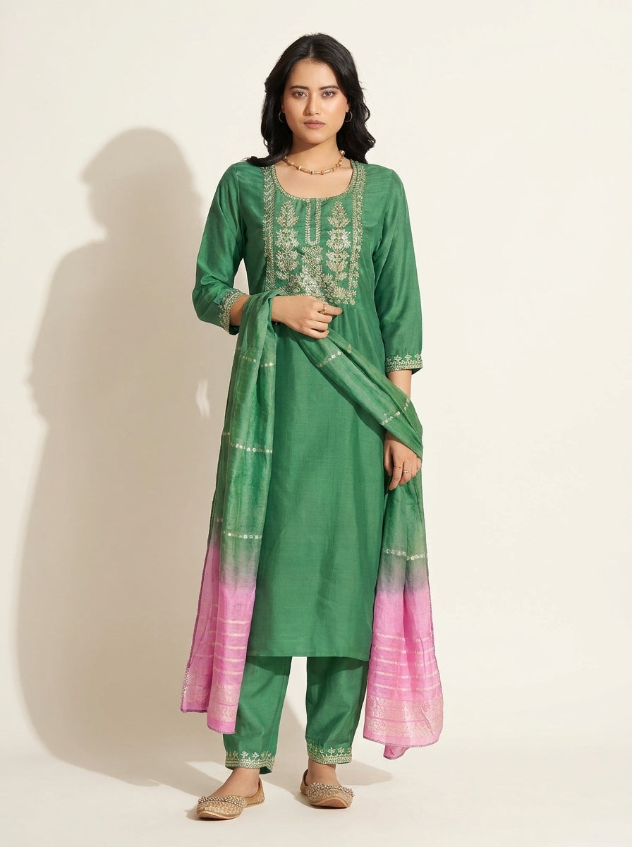 Emerald Green Chanderi Kurta Set - NIHARA (View 5)