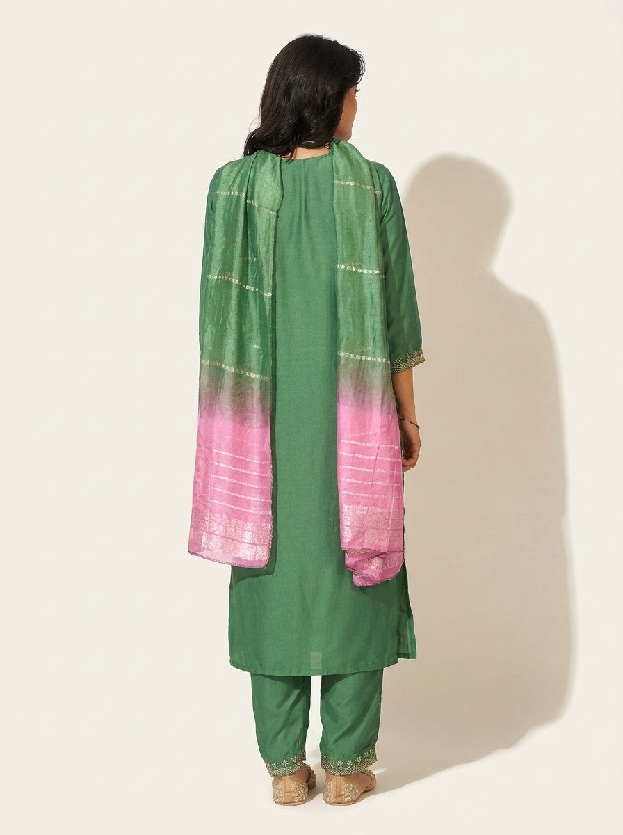 Emerald Green Chanderi Kurta Set - NIHARA (View 3)