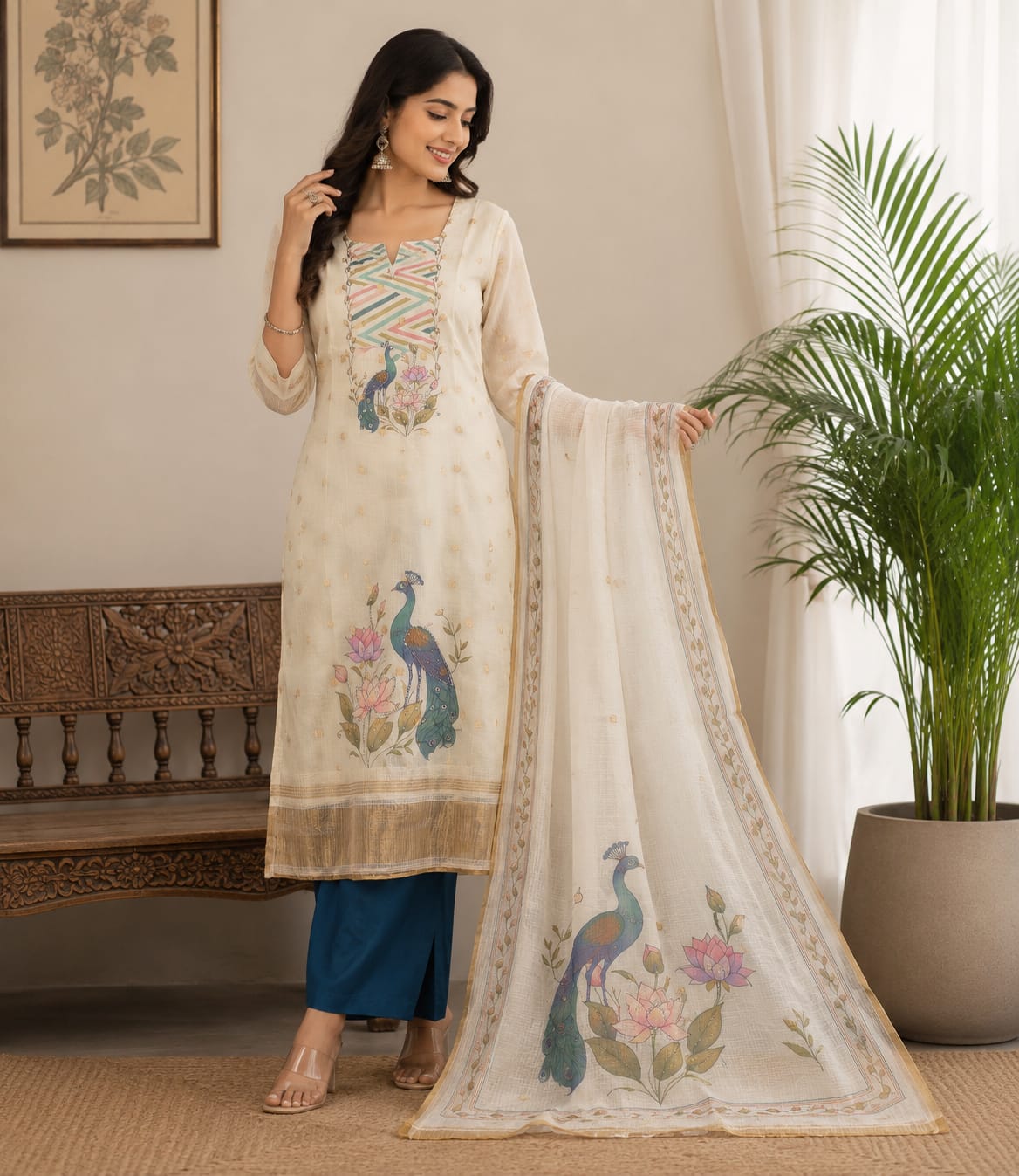 Kota Check Embroidered Kurta Set
