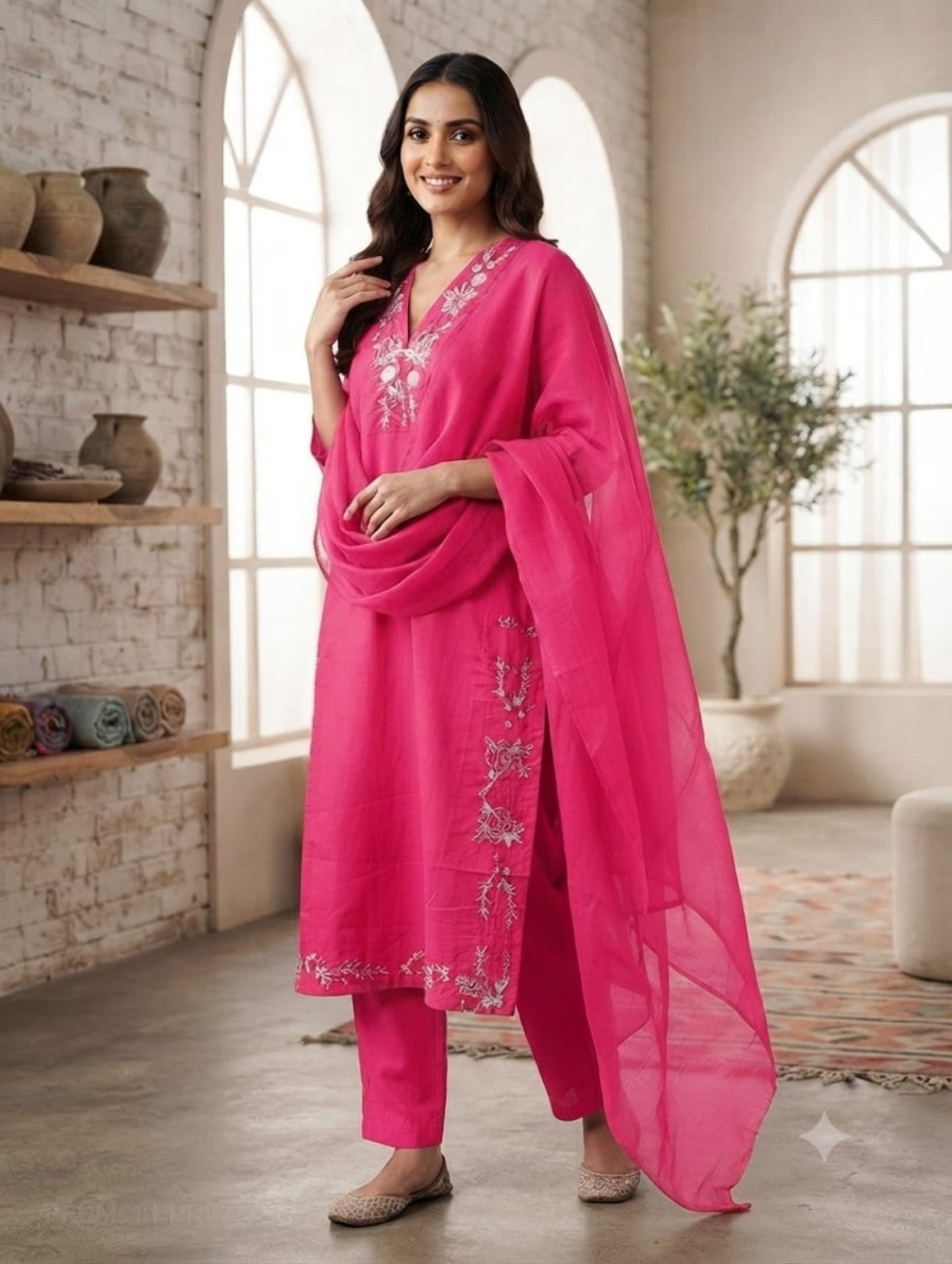 NIHARA Fuchsia Mirror Work Embroidered Kurta Set with Cotton Dupatta