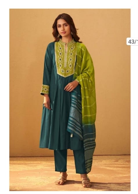 Teal Embroidered Cotton Kurta Set with Contrast Dupatta