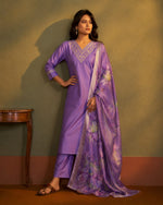 NIHARA Women Purple Cotton Blend Embroidered Straight Kurta with Pant & Organza Jacquard Printed Dupatta