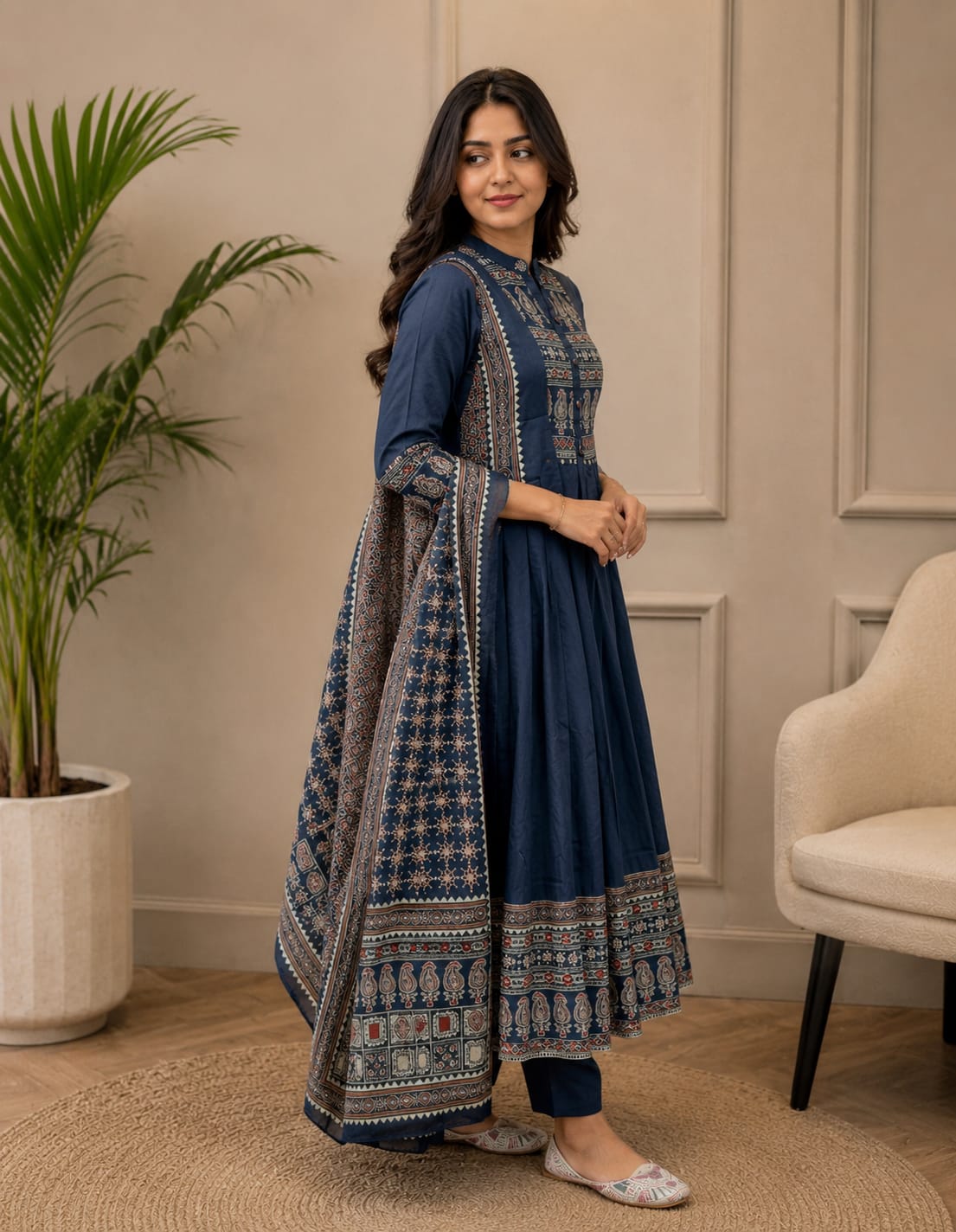 NIHARA Women's Navy Blue Printed Cotton Blend Anarkali Kurta Set with Dupatta