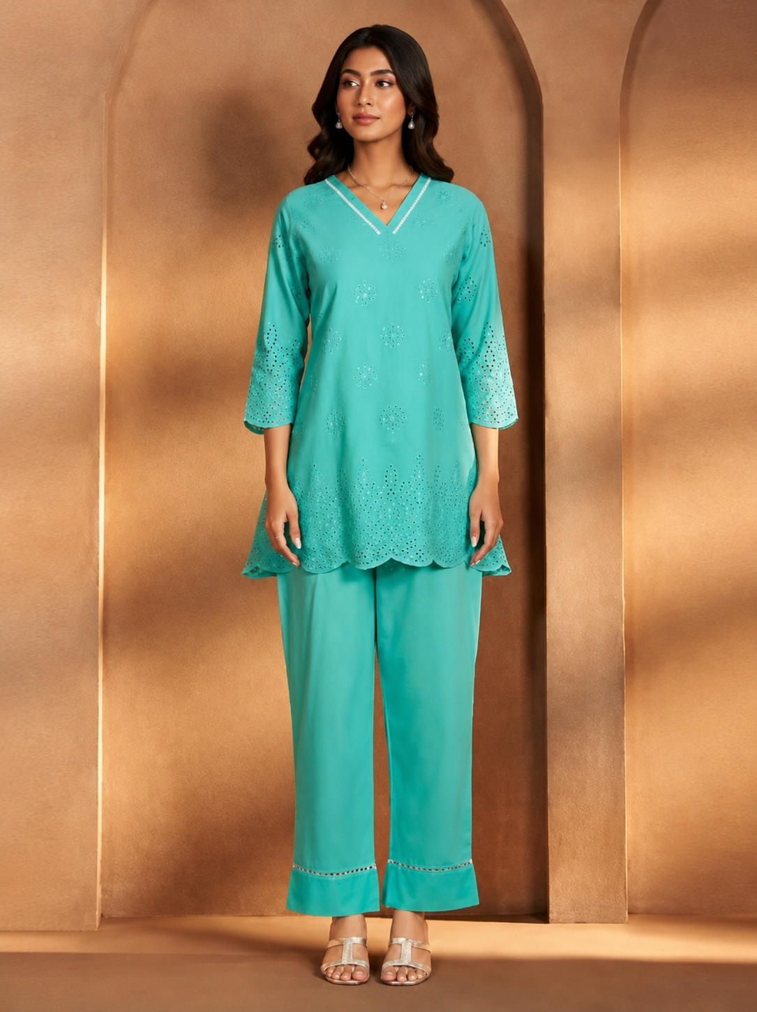 Aqua Blue Schiffli Embroidered Co-Ord Set for Women