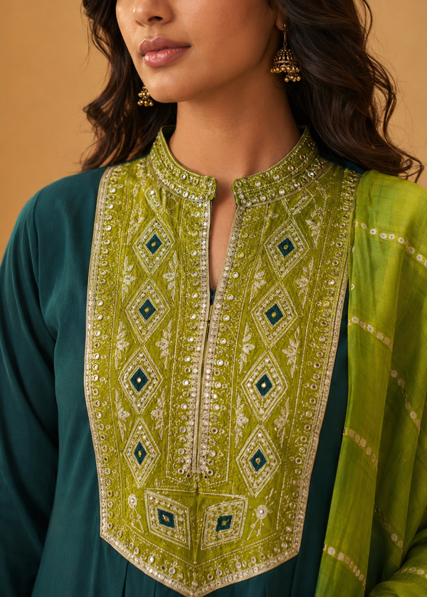 Deep Green Silk Flared Kurta Set