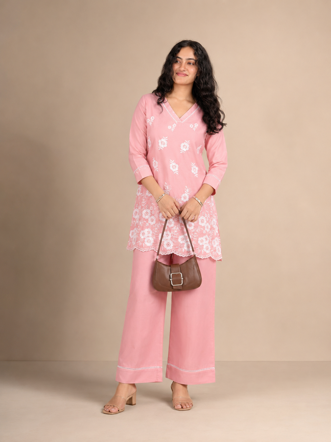 |NIHARA Women's Peach Pure Cotton Schiffli Embroidered Straight Co-Ord Set