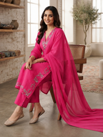 NIHARA Fuchsia Mirror Work Embroidered Kurta Set with Cotton Dupatta