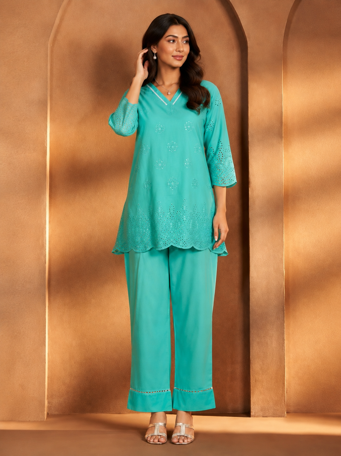Aqua Blue Schiffli Embroidered Co-Ord Set for Women