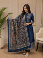 NIHARA Women's Navy Blue Printed Cotton Blend Anarkali Kurta Set with Dupatta