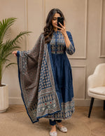 NIHARA Women's Navy Blue Printed Cotton Blend Anarkali Kurta Set with Dupatta